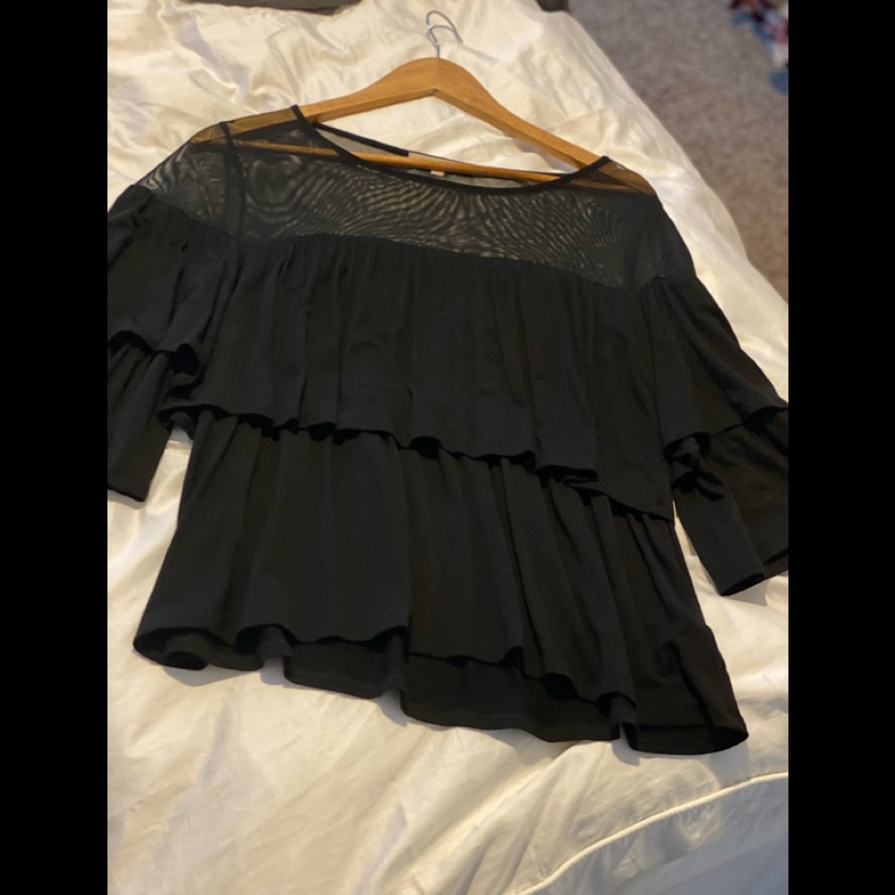 Black sheer and ruffle top EUC